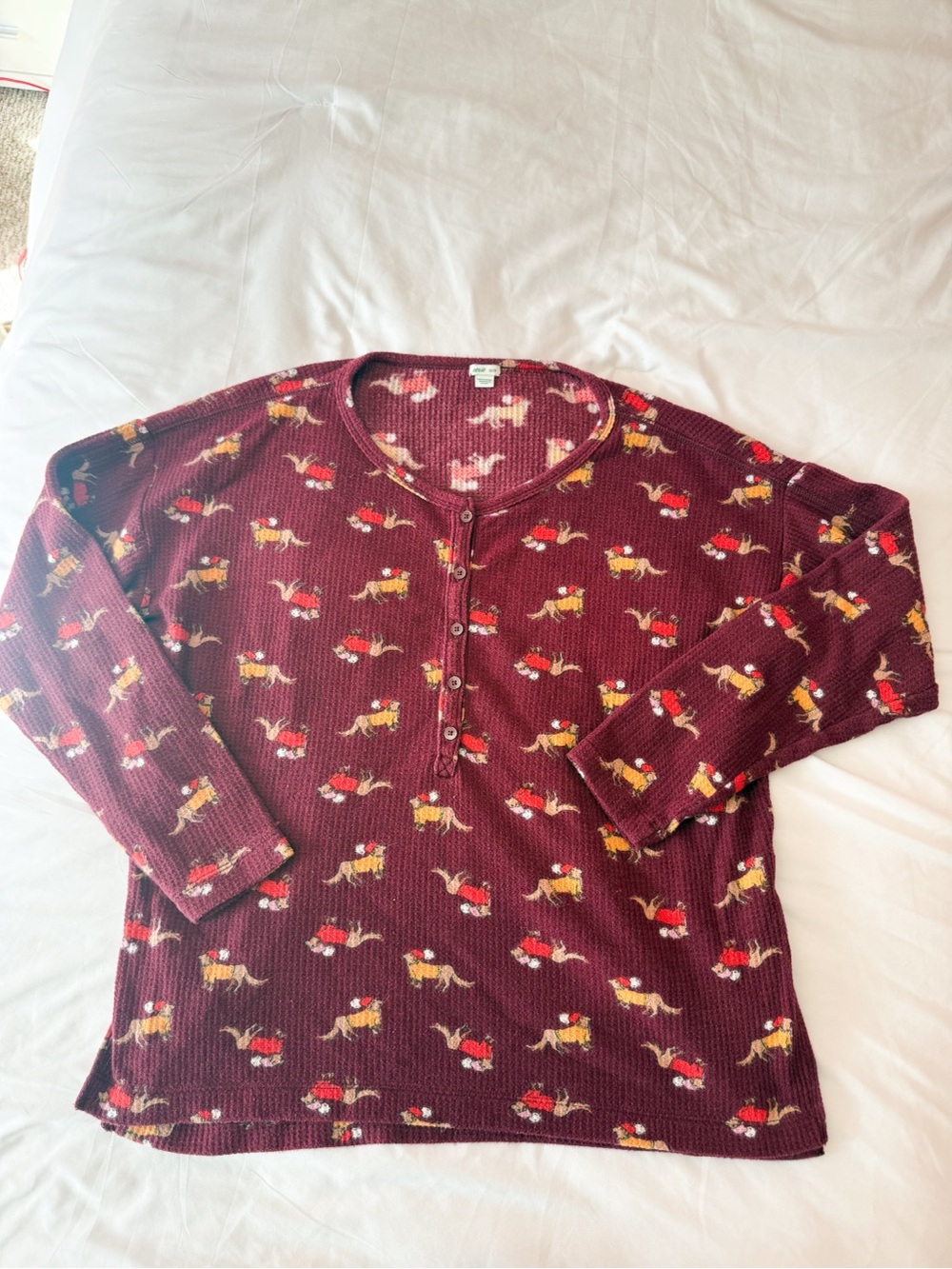Aerie Dark Red Waffle Knit Henley Dog Patterned Long Sleeve Lounge Top Size XS